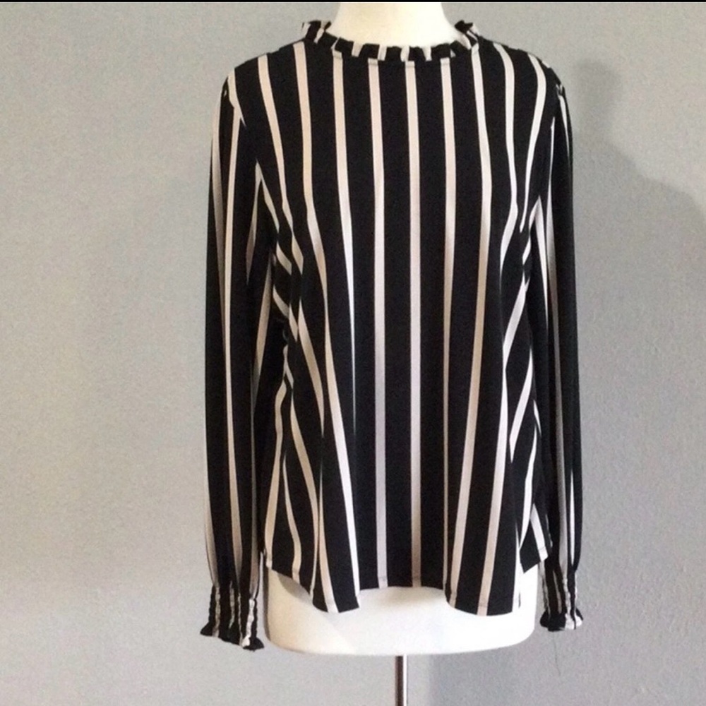 Adrianna Papell Black/Tan Smocked Cuff Long Sleeve Key Hole High Neck Blouse L